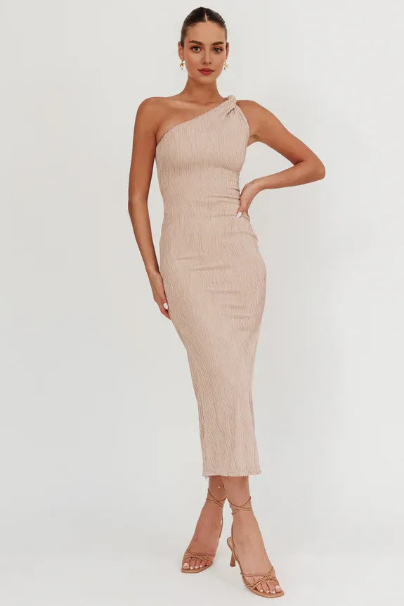One-Shoulder Twist Textured Beige Midi Homecoming Dress Prom Dress