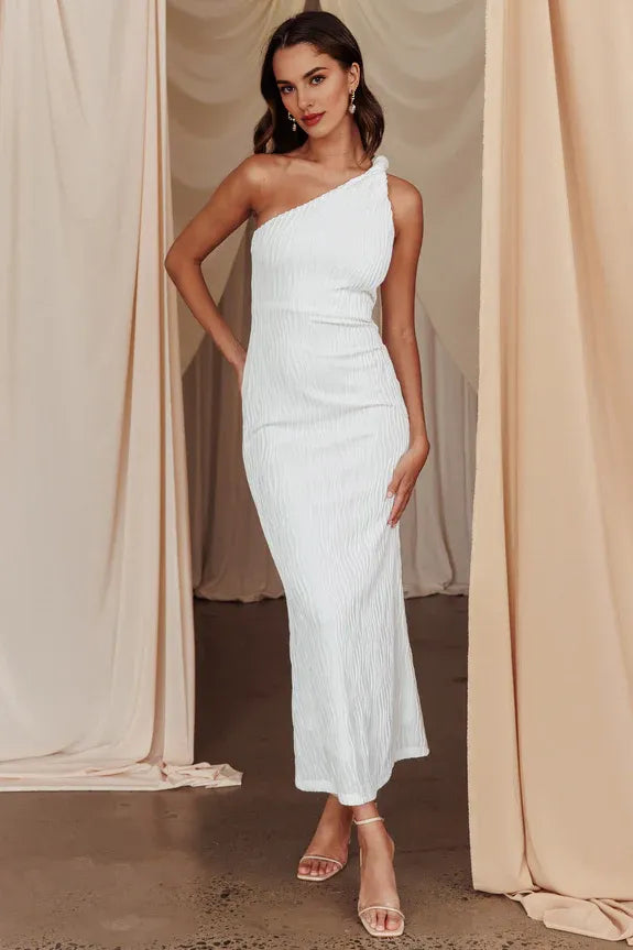One-Shoulder Twist Textured White Midi Homecoming Dress Prom Dress