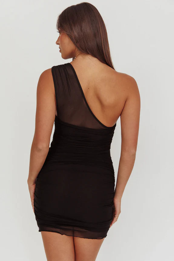 One-Shoulder Double Buckle Mesh Sash Panna Cotta Mini Homecoming Dress