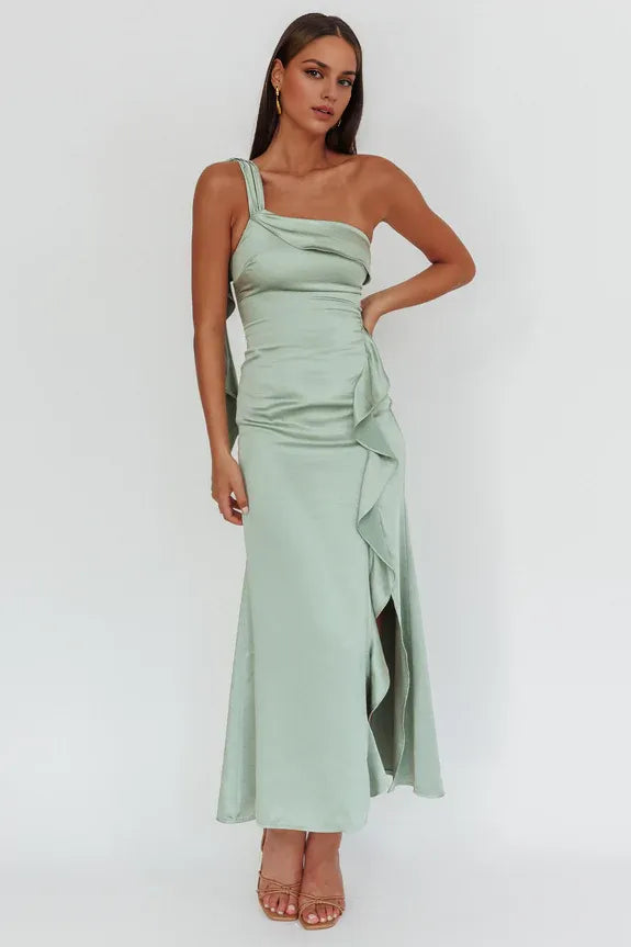 One-Shoulder Split Satin Butter Maxi Homecoming Dress Prom Dress With Flounce Ruffle