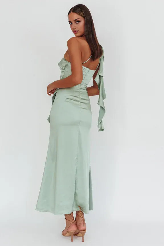 One-Shoulder Split Satin Butter Maxi Homecoming Dress Prom Dress With Flounce Ruffle