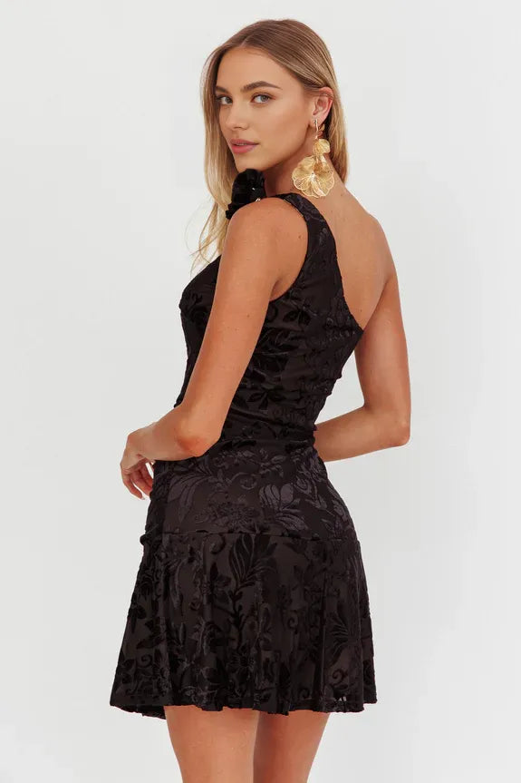 One Shoulder 3D Flowers Ruching Floral Prints Black Mini Homecoming Dress