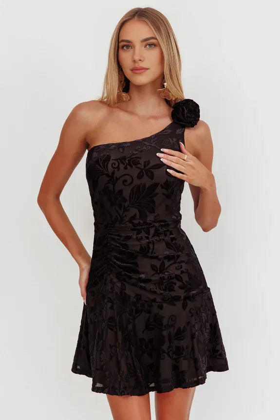 One Shoulder 3D Flowers Ruching Floral Prints Black Mini Homecoming Dress