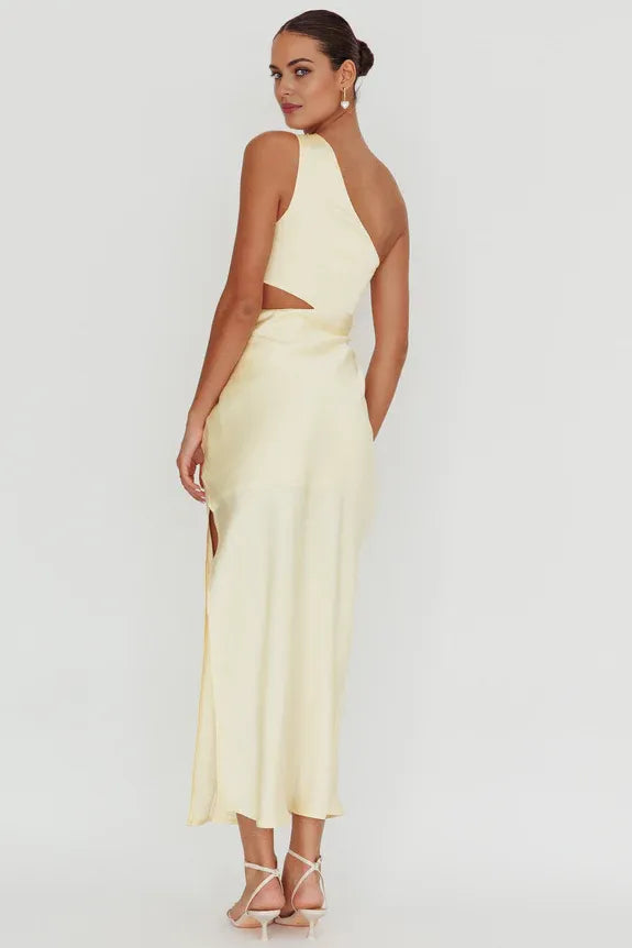 One Shoulder Cutout Bow Satin Butter Maxi Evening Dress With Side Split