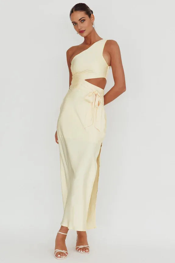 One Shoulder Cutout Bow Satin Butter Maxi Evening Dress With Side Split