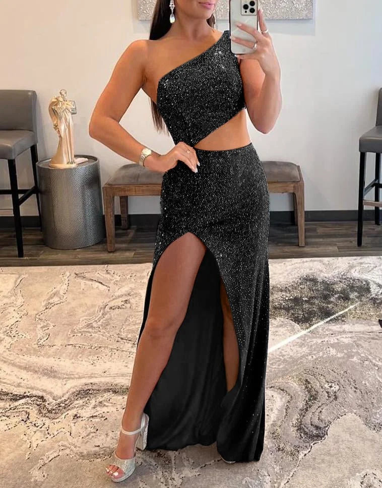 One Shoulder Cutout Rhinestones Royal Blue Evening Dress With Split