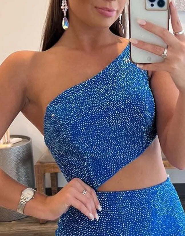One Shoulder Cutout Rhinestones Royal Blue Evening Dress With Split