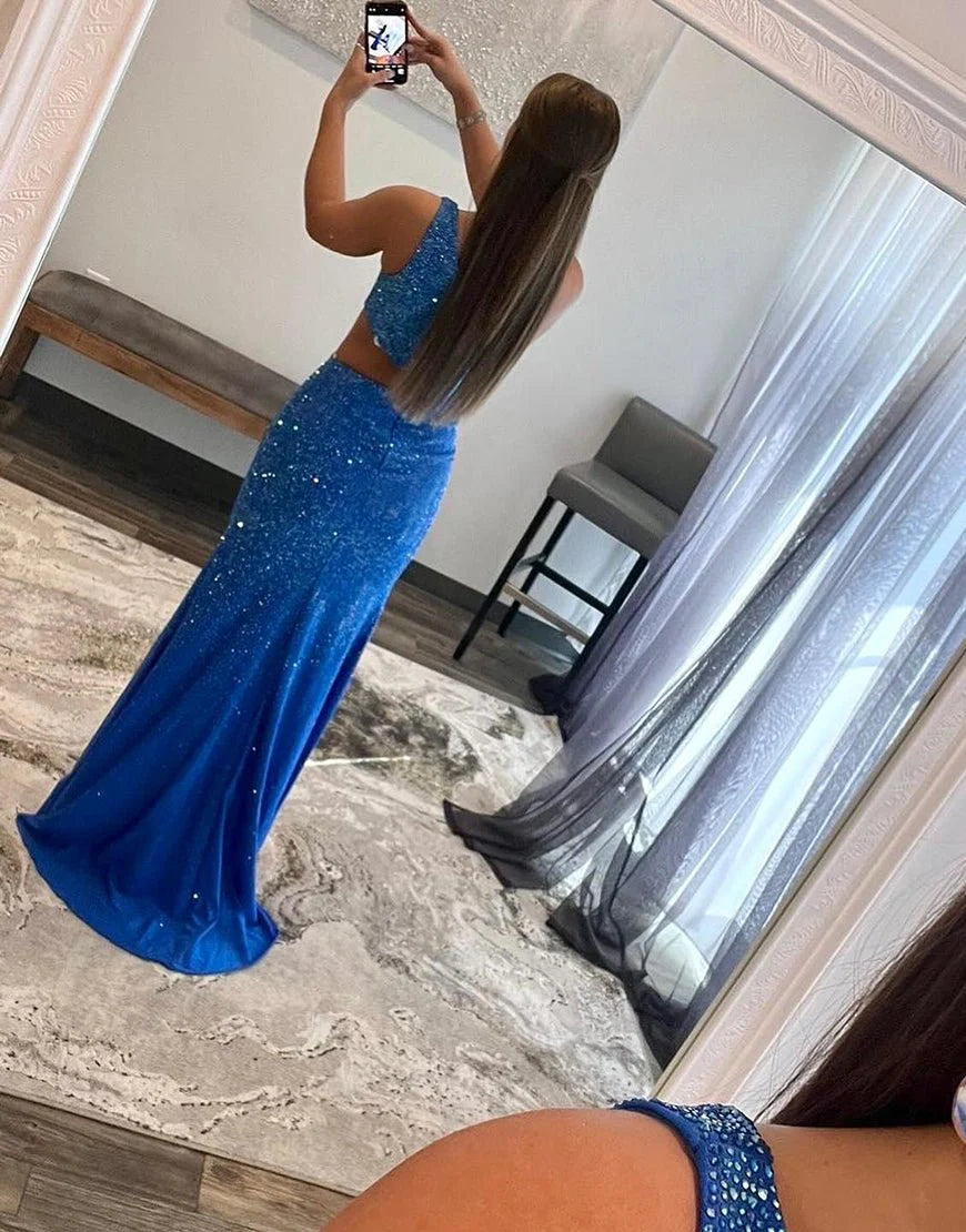 One Shoulder Cutout Rhinestones Royal Blue Evening Dress With Split