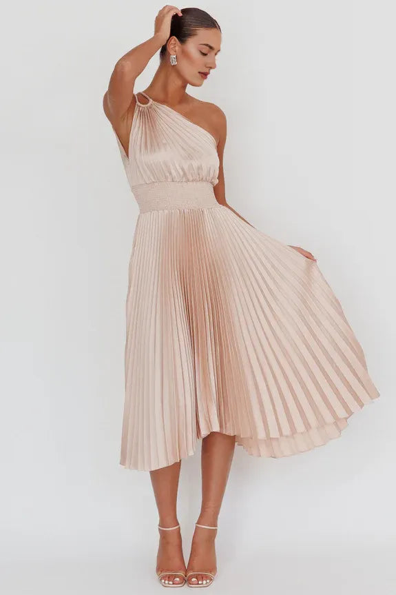 One Shoulder Pleated Champagne Midi Evening Dress With Asymmetric Hem
