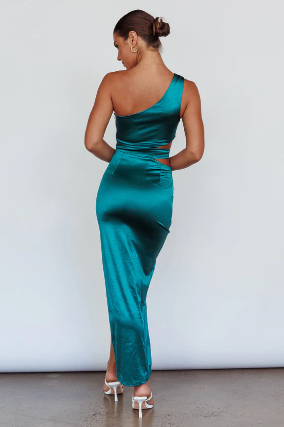 One Shoulder Pleated Cutout Green Maxi Evening Dress With Slit