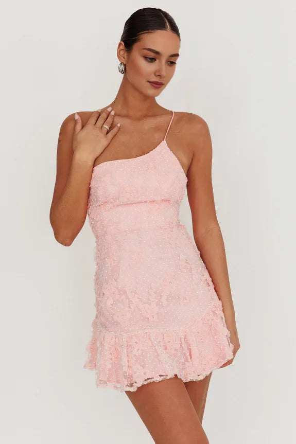 One Shoulder Polka Dots Ruffle Embroidery Blush Short Homecoming Dress