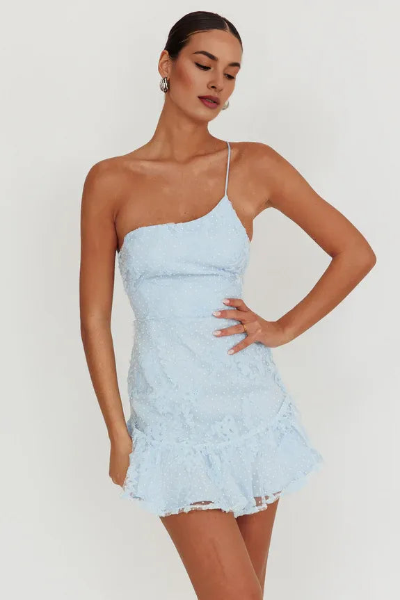 One Shoulder Polka Dots Ruffle Embroidery Mocha Short Homecoming Dress