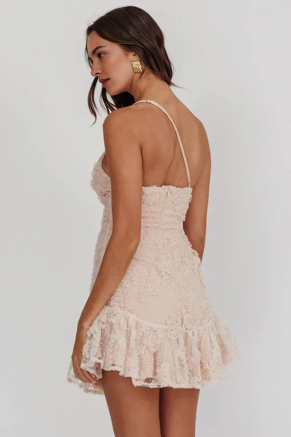 One Shoulder Polka Dots Ruffle Embroidery Mocha Short Homecoming Dress