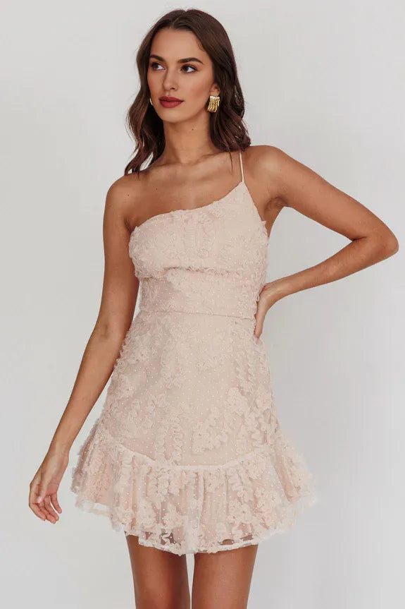 One Shoulder Polka Dots Ruffle Embroidery Mocha Short Homecoming Dress