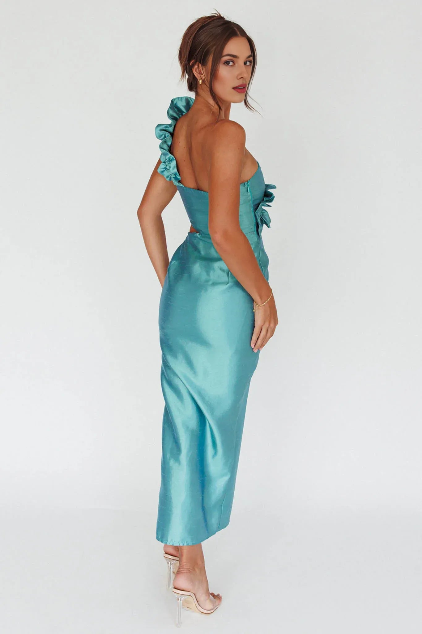 One Shoulder Ruffle Cutout Forest Green Maxi Evening Dress With Slit