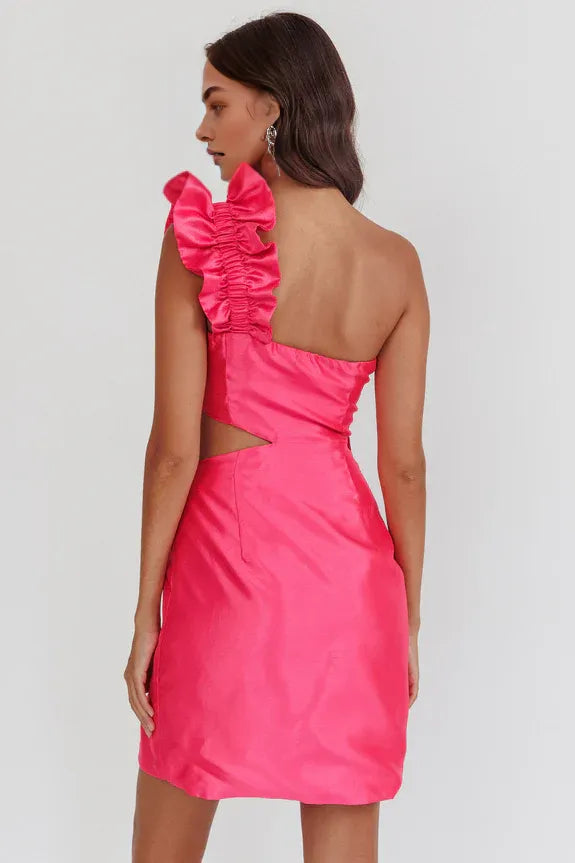 One Shoulder Ruffle Shoulder Cut-out Pink Mini Homecoming Dress