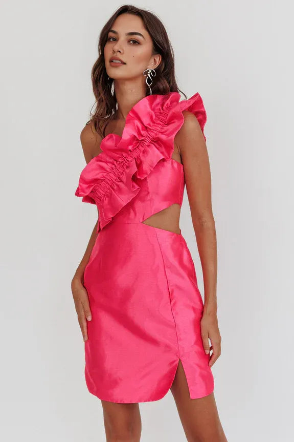 One Shoulder Ruffle Shoulder Cut-out Pink Mini Homecoming Dress