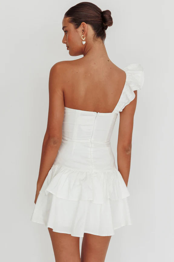 One Shoulder Ruffle Tiered Keyhole Hollowing White Mini Homecoming Dress