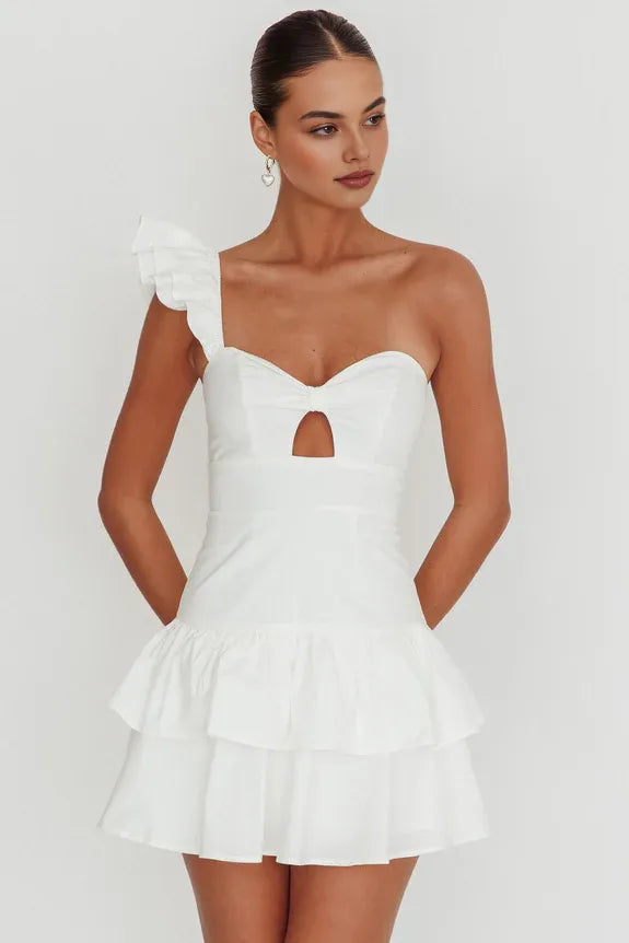 One Shoulder Ruffle Tiered Keyhole Hollowing White Mini Homecoming Dress