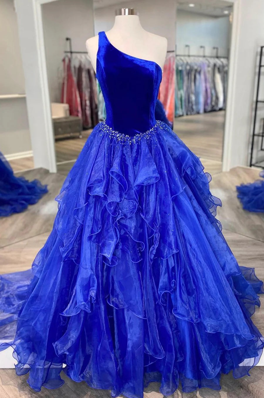 One Shoulder Ruffle Tiered Velvet Tulle Blue Floor Length Prom Dress With Beaded