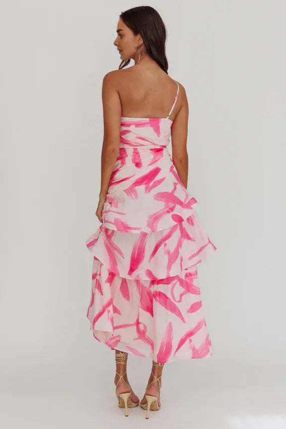 One Shoulder Tiered Pleated Print Pink Maxi Homecoming Dress Prom Dress
