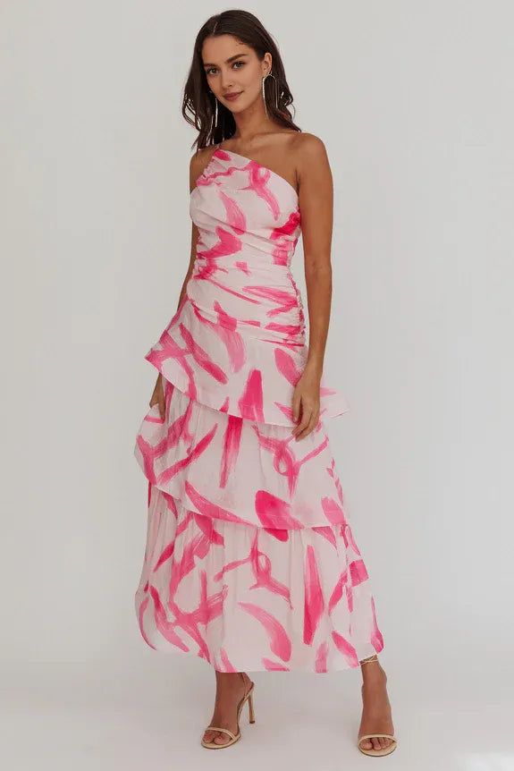 One Shoulder Tiered Pleated Print Pink Maxi Homecoming Dress Prom Dress