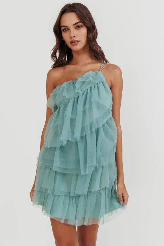 One Shoulder Tiered Ruffle Backless Mesh Sage Mini Homecoming Dress