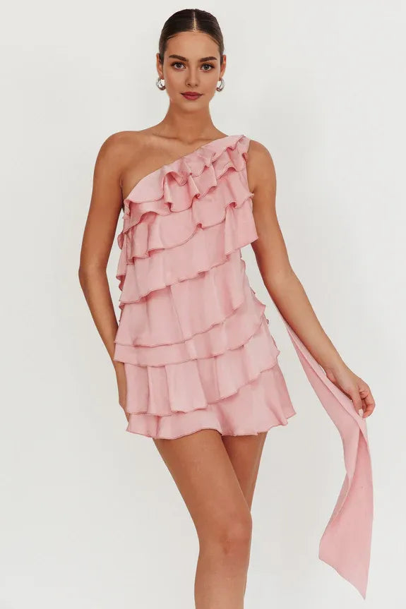 One Shoulder Tiered Ruffle Open Back Pink Mini Homecoming Dress With Streamer