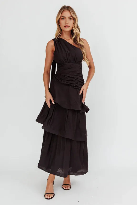 One Shoulder Tiered Ruffle Solid Black Maxi Evening Dress With Streamer