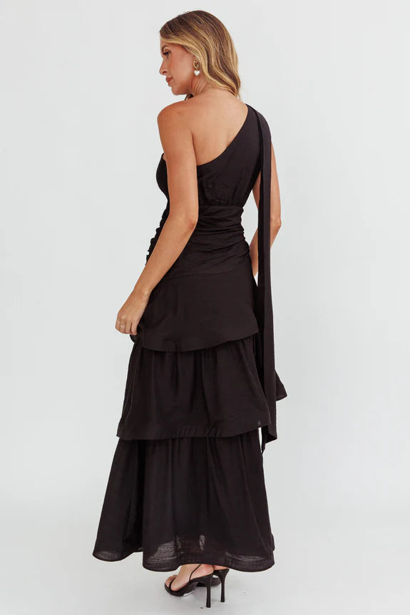 One Shoulder Tiered Ruffle Solid Black Maxi Evening Dress With Streamer