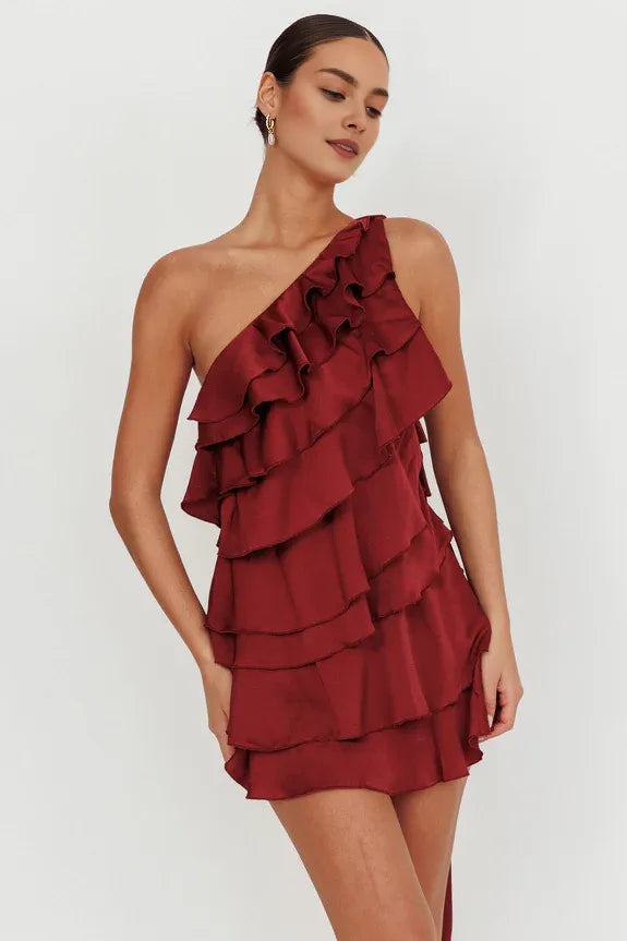 One Shoulder Tiered Ruffle Open Back Pink Mini Homecoming Dress With Streamer