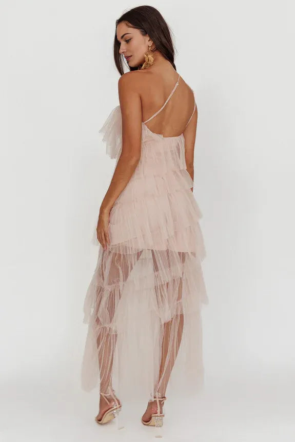 One shoulder Tiered Ruffle Backless Tulle Blush Maxi Evening Dress For Women