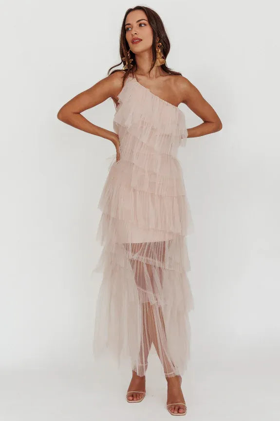 One shoulder Tiered Ruffle Backless Tulle Blush Maxi Evening Dress For Women