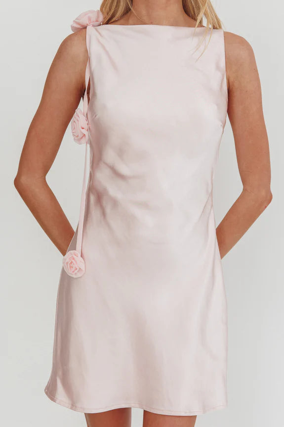 Open Back 3D Rosette String Pink Mini Homecoming Dress For Ladies Custom