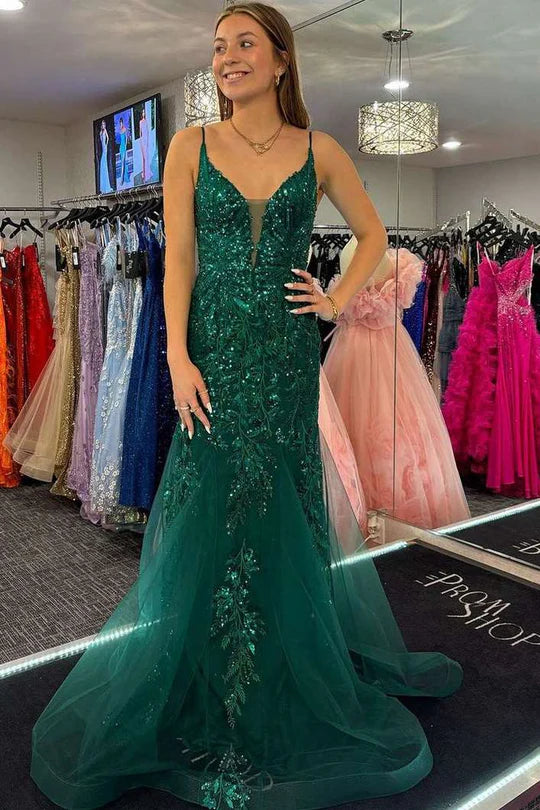 Open Back Mermaid Green Spaghetti Strap Lace Applique Long Ball Gown