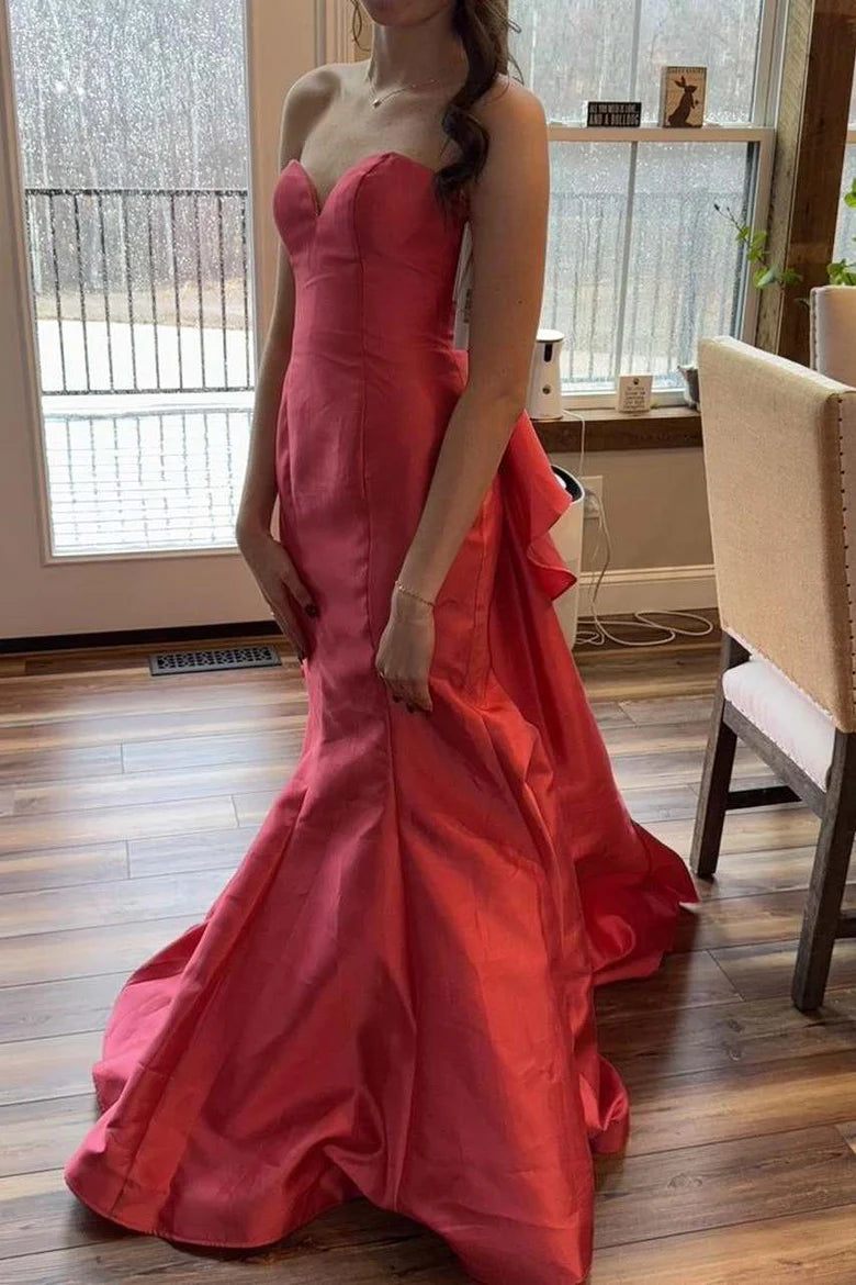 Open Back Strapless Sweetheart Mermaid Pleats Long Prom Dress with Train