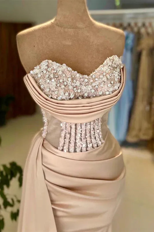 Opulent Mermaid Sweetheart Beaded Champagne Floor-length Prom Dress for Women Ready to Ship