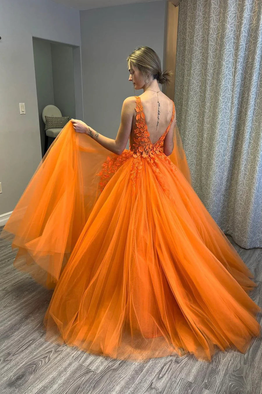 Orange Lace V-Neck Open Back A-Line Long Prom Dress Evening Party Dress