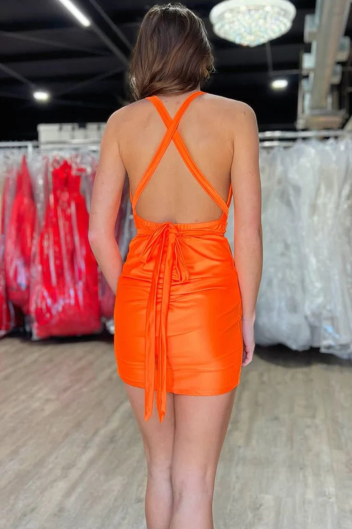 Orange Satin Halter Deep V-Neck Sleeveless Open Back Pleats Mini Homecoming Party Dress