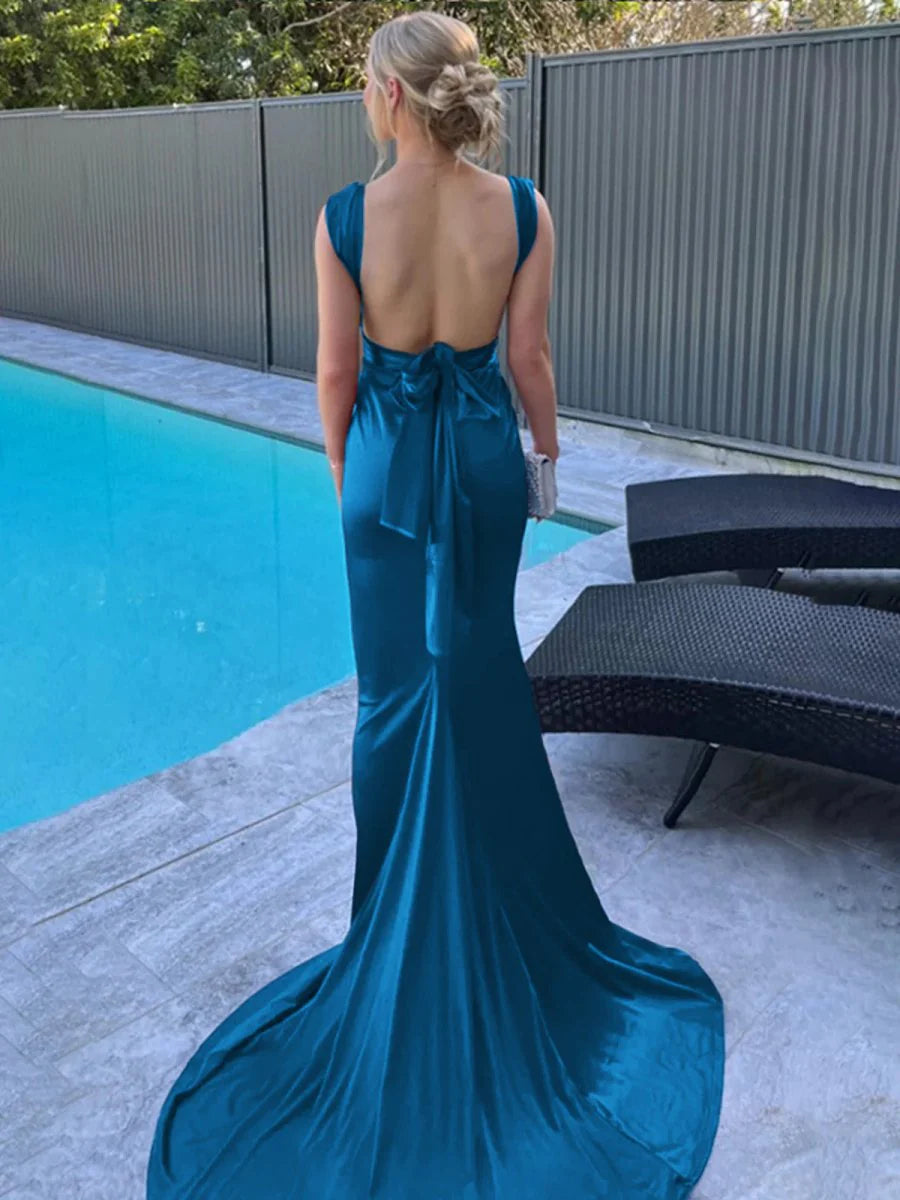 Orange Satin Low Collar Straps Mermaid Open Back Pleated Long Prom Dress With Sweep Train