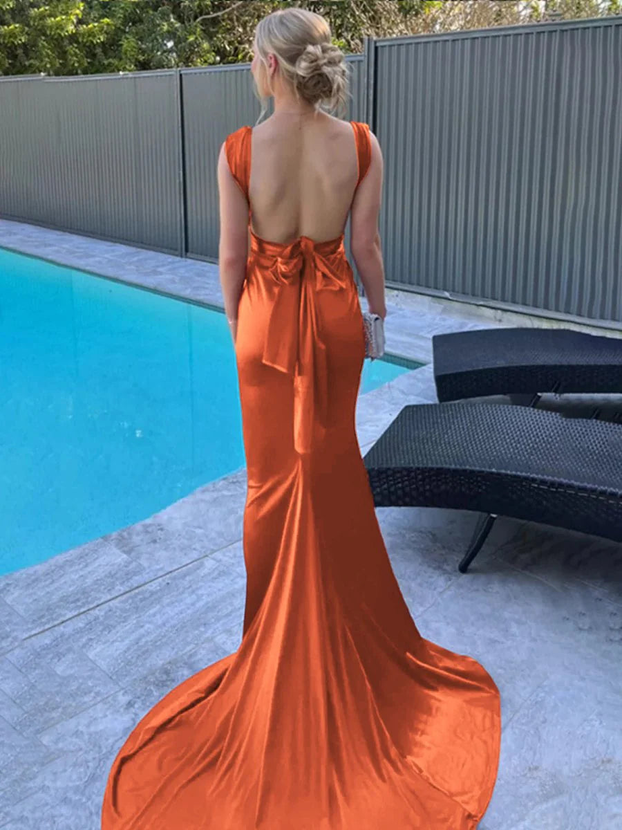 Orange Satin Low Collar Straps Mermaid Open Back Pleated Long Prom Dress With Sweep Train