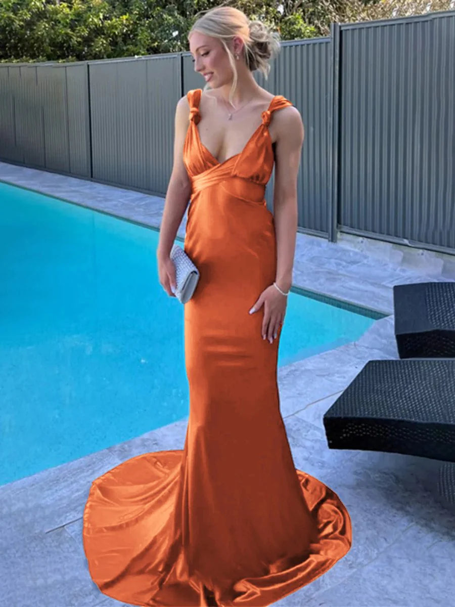 Orange Satin Low Collar Straps Mermaid Open Back Pleated Long Prom Dress With Sweep Train