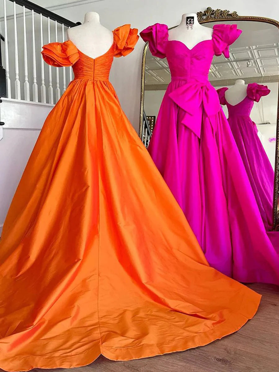 Orange Satin Sweetheart Pleated A-Line Sweep Train Long Prom Dress With Bow Discount Long Party Dresses