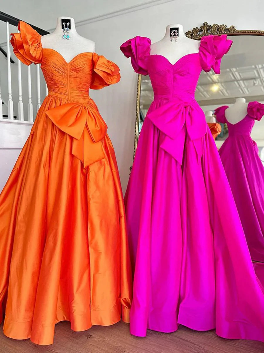 Orange Satin Sweetheart Pleated A-Line Sweep Train Long Prom Dress With Bow Discount Long Party Dresses