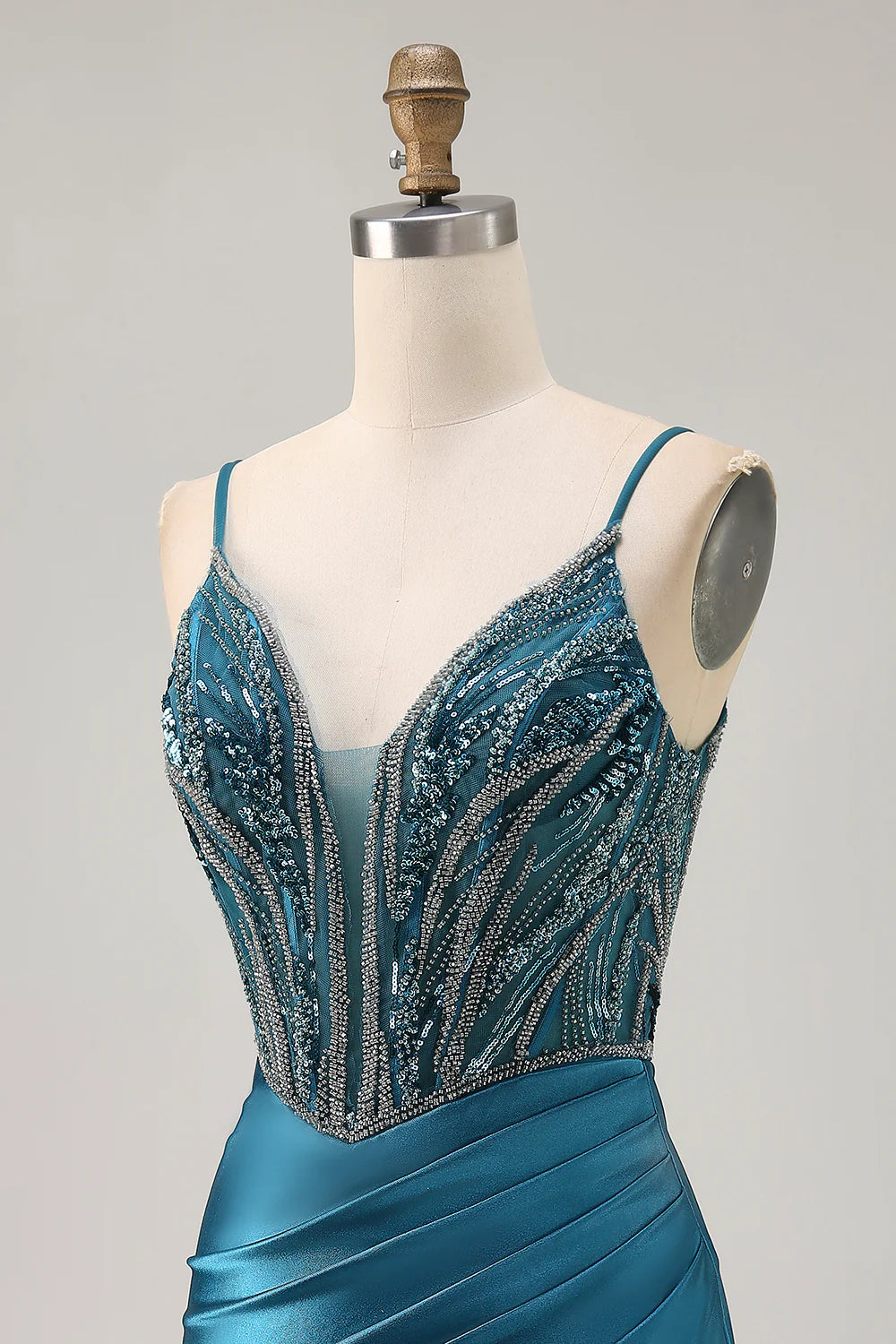 Peacock Blue Spaghetti Straps Pleated Bodycon Sequins With Beaded Homecoming Dress With Slit