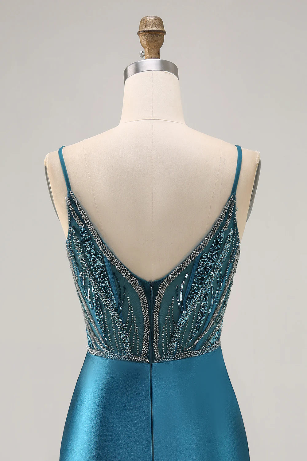 Peacock Blue Spaghetti Straps Pleated Bodycon Sequins With Beaded Homecoming Dress With Slit