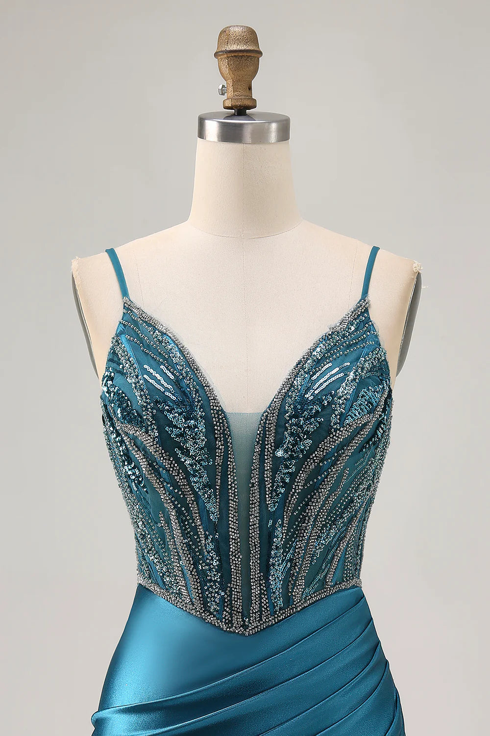 Peacock Blue Spaghetti Straps Pleated Bodycon Sequins With Beaded Homecoming Dress With Slit