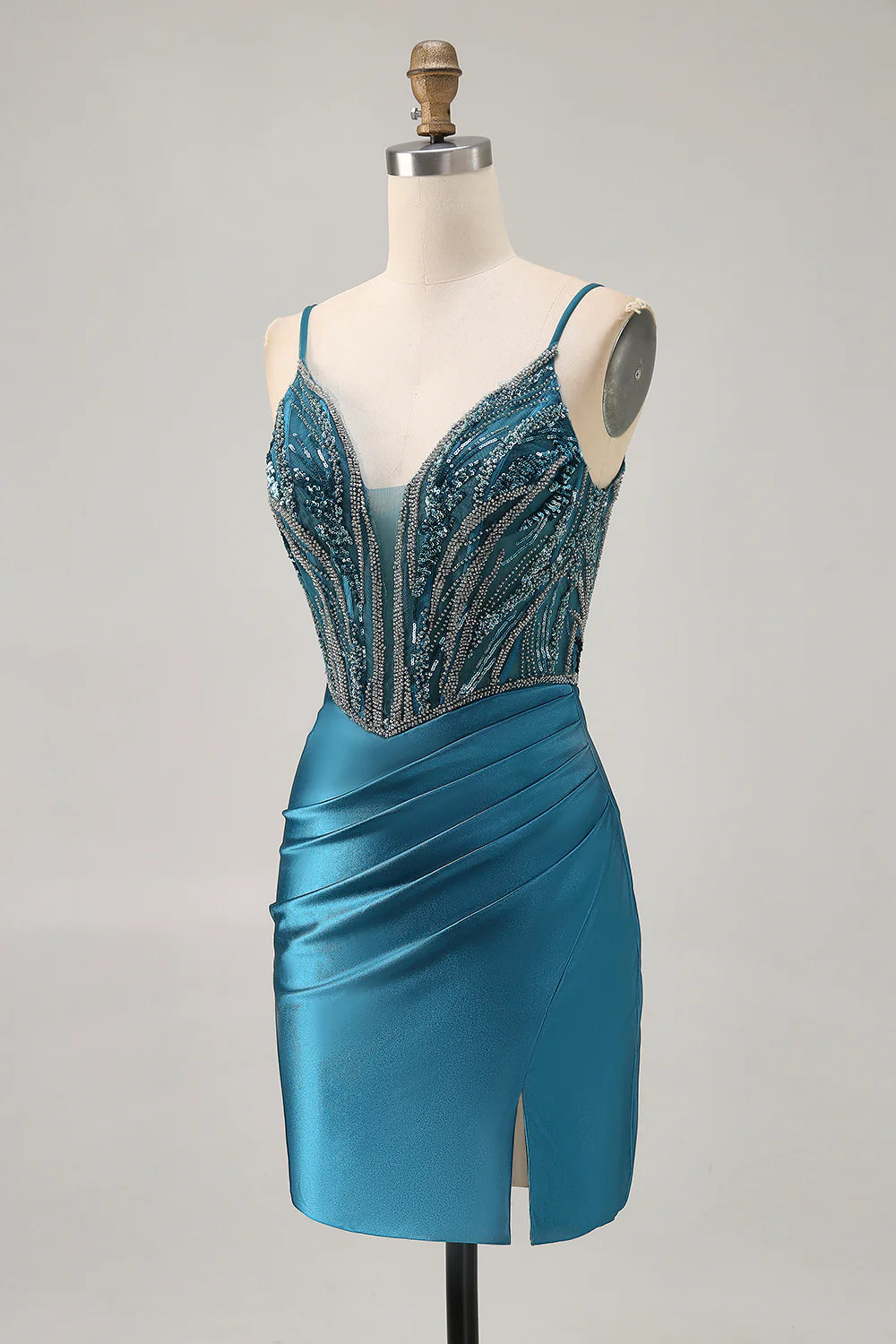 Peacock Blue Spaghetti Straps Pleated Bodycon Sequins With Beaded Homecoming Dress With Slit