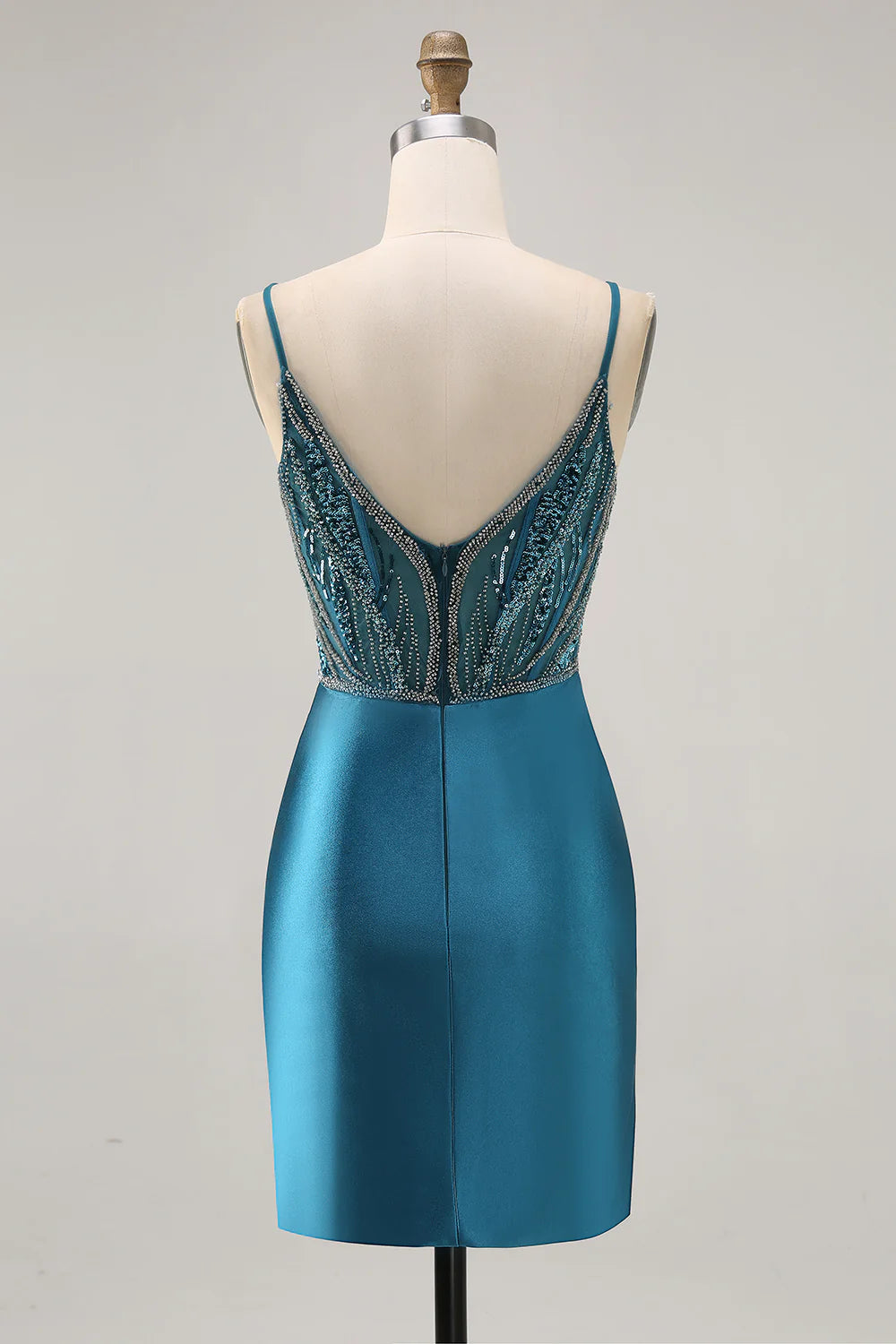 Peacock Blue Spaghetti Straps Pleated Bodycon Sequins With Beaded Homecoming Dress With Slit