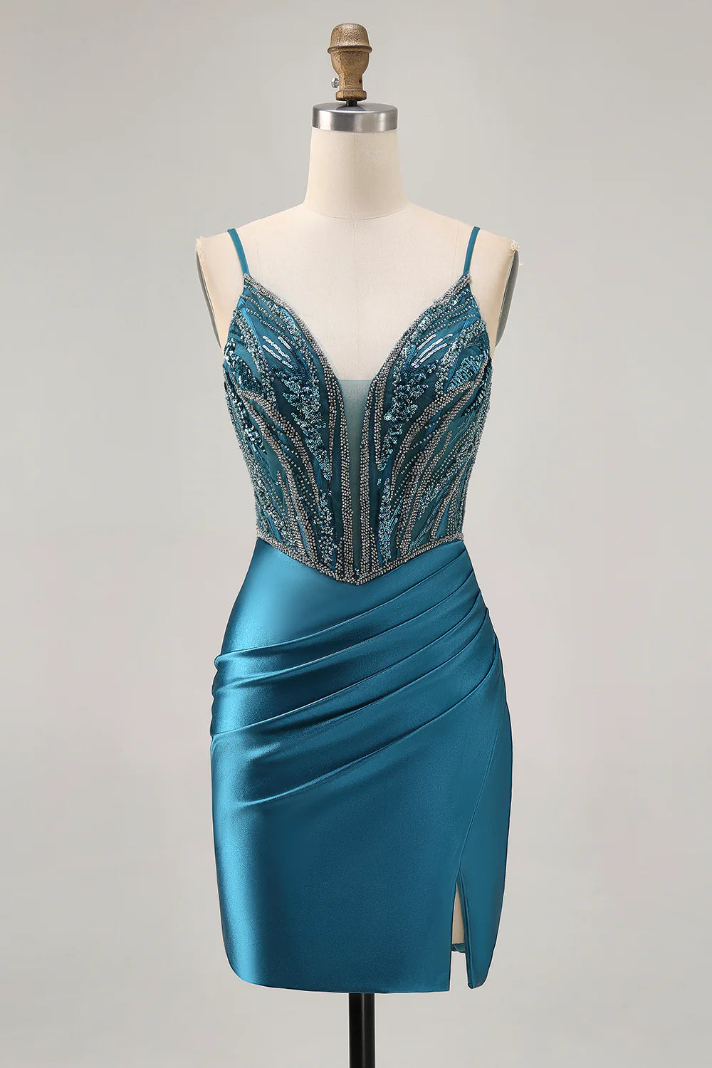 Peacock Blue Spaghetti Straps Pleated Bodycon Sequins With Beaded Homecoming Dress With Slit